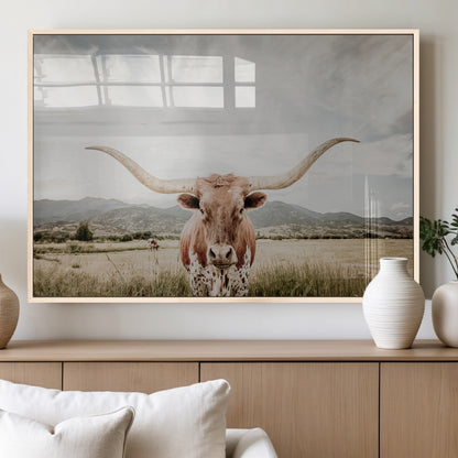 Longhorn Wall Art Print - Western Cow Canvas Print, featuring a majestic Texas longhorn in a rustic prairie setting, perfect for farmhouse and western decor.