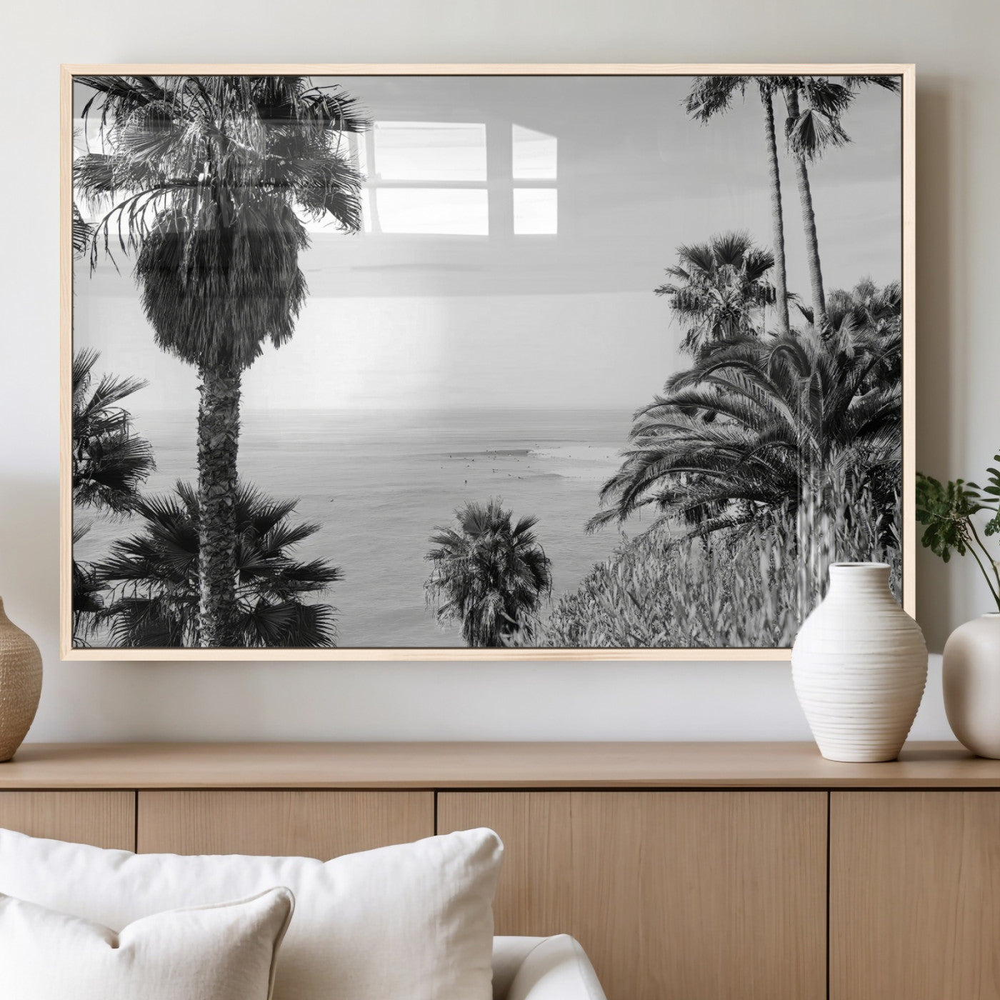 Monochrome canvas of palm trees framing a coastal surf scene, perfect for California-inspired or retro black-and-white beach decor.