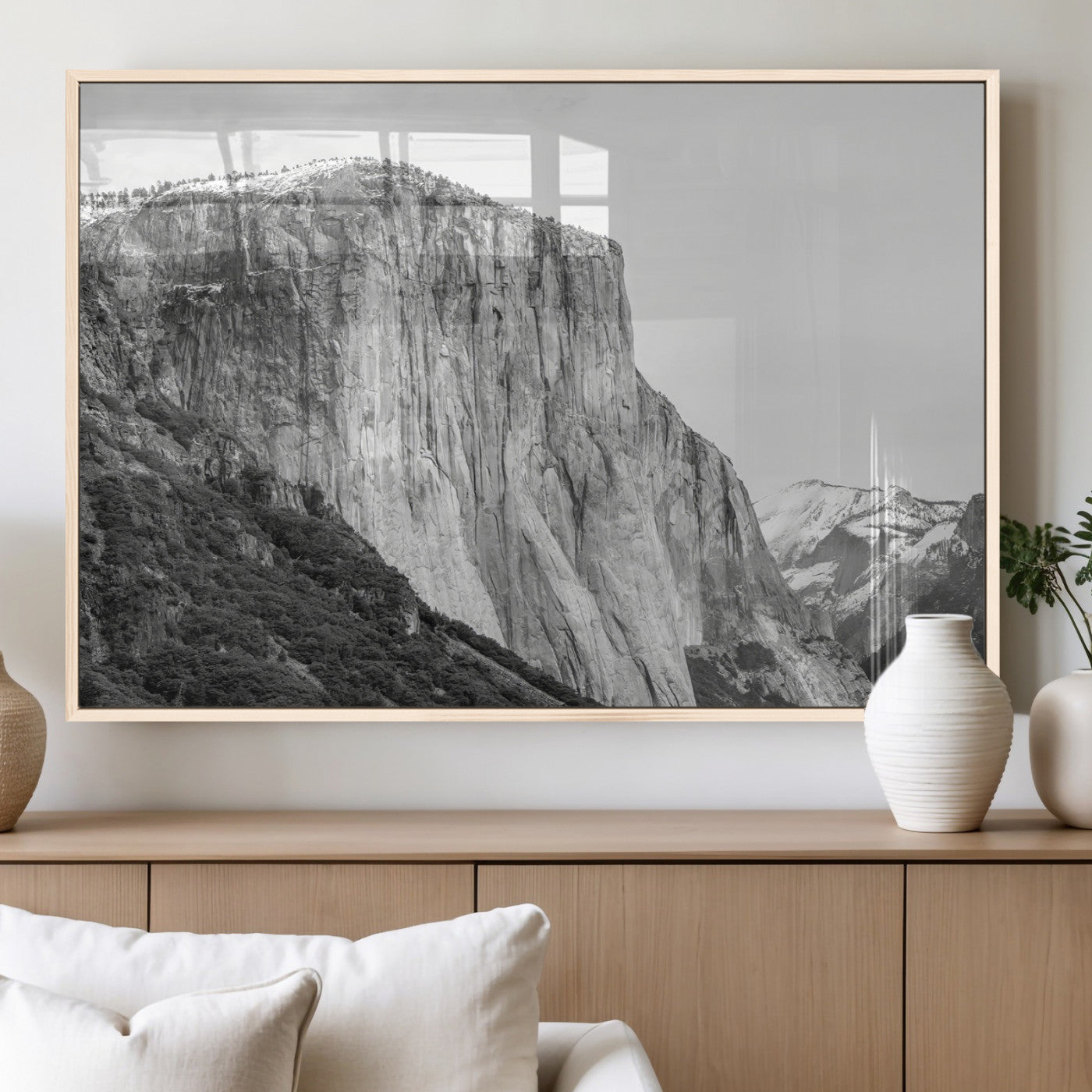 Monochrome canvas of El Capitan’s granite wall in Yosemite with snowy peaks, ideal for dramatic mountain or black-and-white nature decor.