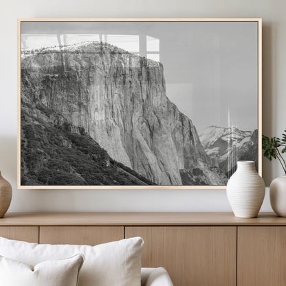 Monochrome canvas of El Capitan’s granite wall in Yosemite with snowy peaks, ideal for dramatic mountain or black-and-white nature decor.