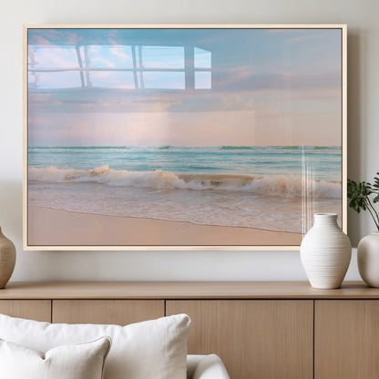 Pastel-toned ocean waves under soft sunset skies, ideal for pastel coastal or serene beach-style home decor.