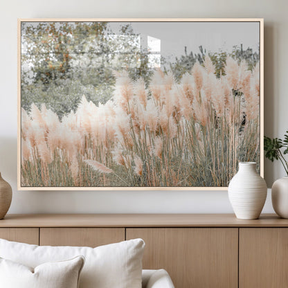 Soft pastel pampas grasses in a natural setting, ideal for neutral boho or rustic botanical-style interior wall decoration.