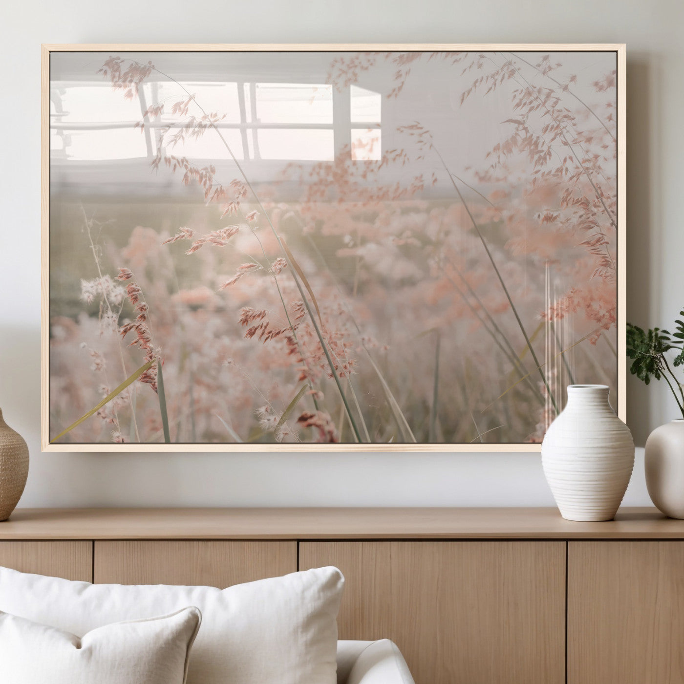Soft pastel field with wild grasses in warm light, ideal for minimal nature or airy countryside-inspired interior wall decoration.