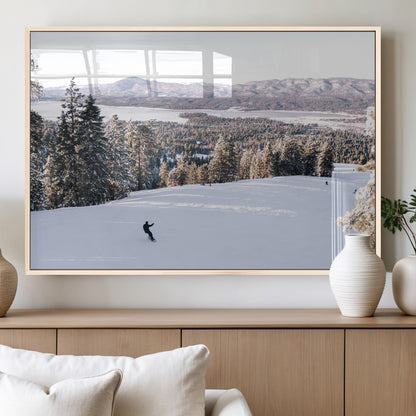 Canvas of a snowy mountain ski slope with pine trees and bright winter light, ideal for modern rustic or alpine-inspired home decor.