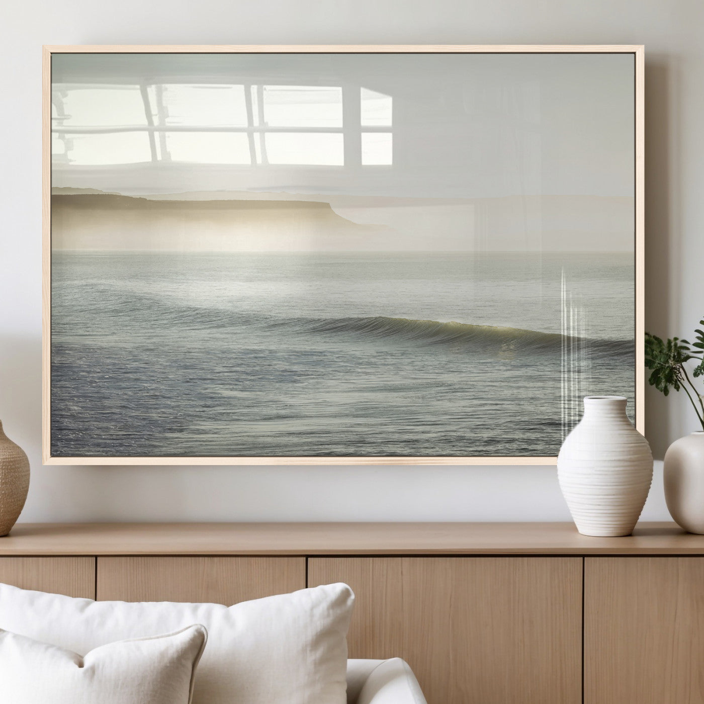Canvas of a misty ocean scene with coastal cliffs and soft neutral tones, ideal for Scandinavian coastal or minimalist nature-inspired home decor.