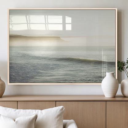 Canvas of a misty ocean scene with coastal cliffs and soft neutral tones, ideal for Scandinavian coastal or minimalist nature-inspired home decor.