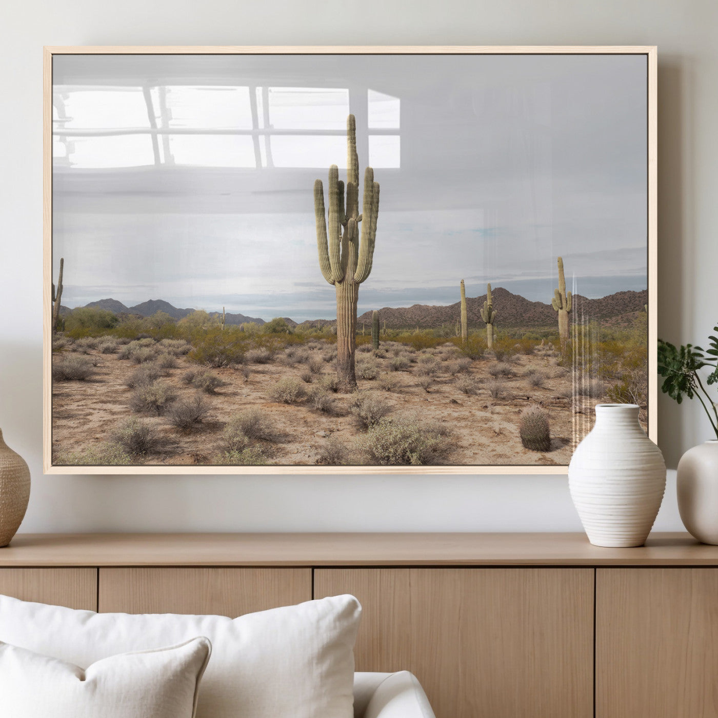 Canvas of a saguaro cactus in an earthy Sonoran desert landscape, ideal for Southwestern Boho or desert minimalism inspired home decor.   2/2