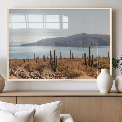 Warm desert landscape with cacti and coastal mountains, perfect for southwestern or earthy calm-themed home wall decor.