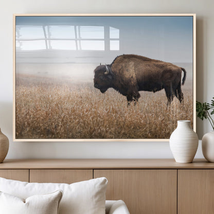 A majestic bison standing in an open prairie field, its strong form blending into the golden grass under a vast blue sky, evoking the wild spirit of the American plains.