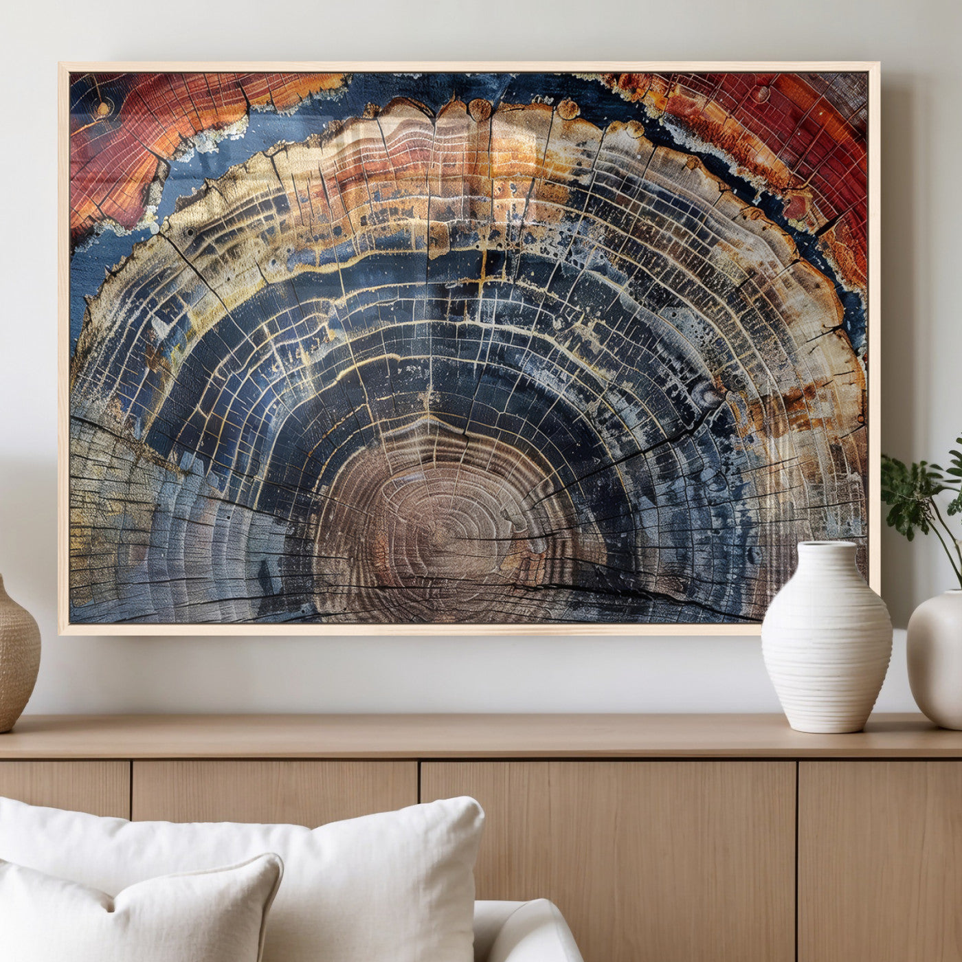 Vibrant tree ring with orange, brown, and blue tones in abstract detail, perfect for rustic or boho-inspired wall decor.