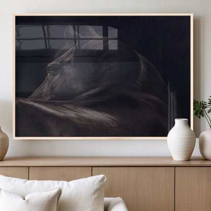 Close-up of a black horse with dramatic lighting on a dark background, perfect for rustic or masculine home decor.
