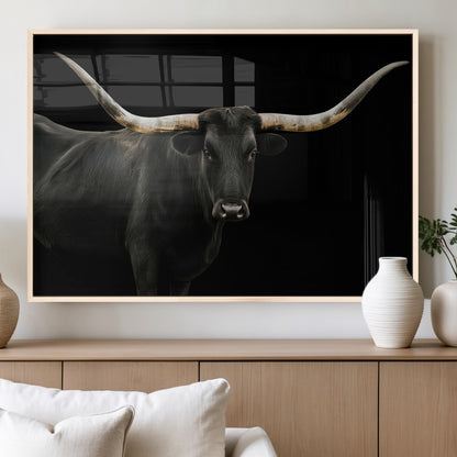Close-up of a black Texas longhorn with large curved horns on black background, ideal for rustic farmhouse or modern western interiors.