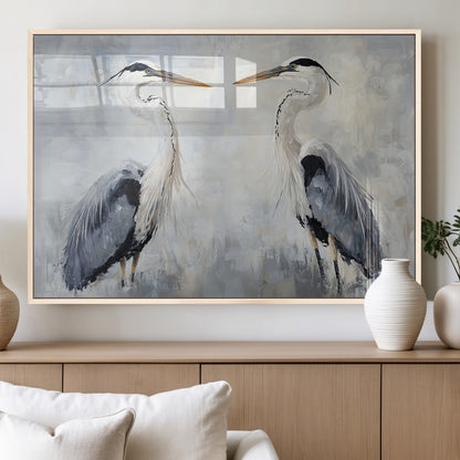Two herons facing each other on a soft-toned background with blue-grey feathers, perfect for tranquil, coastal or nature-themed interiors.
