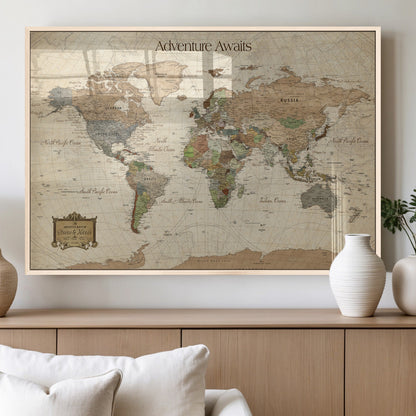 Custom Push Pin World Map Wall Canvas Print – Personalized Travel Tracker with Pins – Framed Custom Quotie Canvas for Home Office Decor