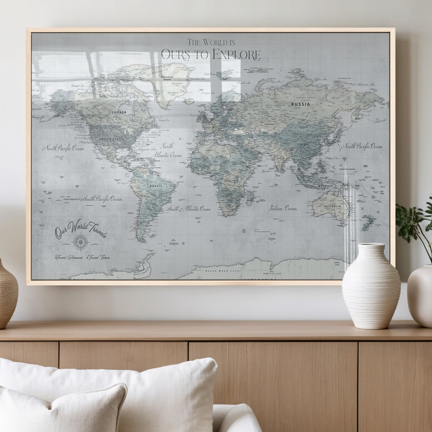 Custom Push Pin World Map Wall Canvas Print – Personalized Travel Tracker with Pins – Framed Custom Quotie Canvas for Home Office Decor