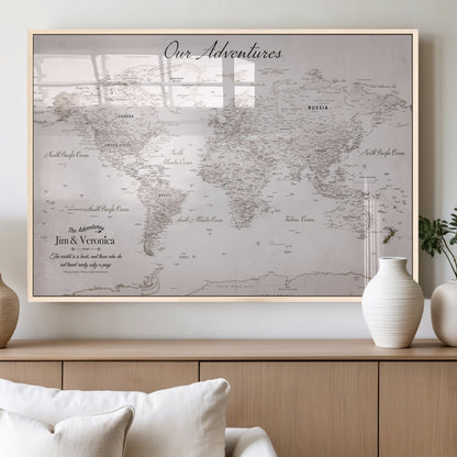 Customize Push Pin World Map Wall Canvas Print – Personalized Travel Map with Foam Pins – Framed Custom Quotie Canvas for Home Office Decor