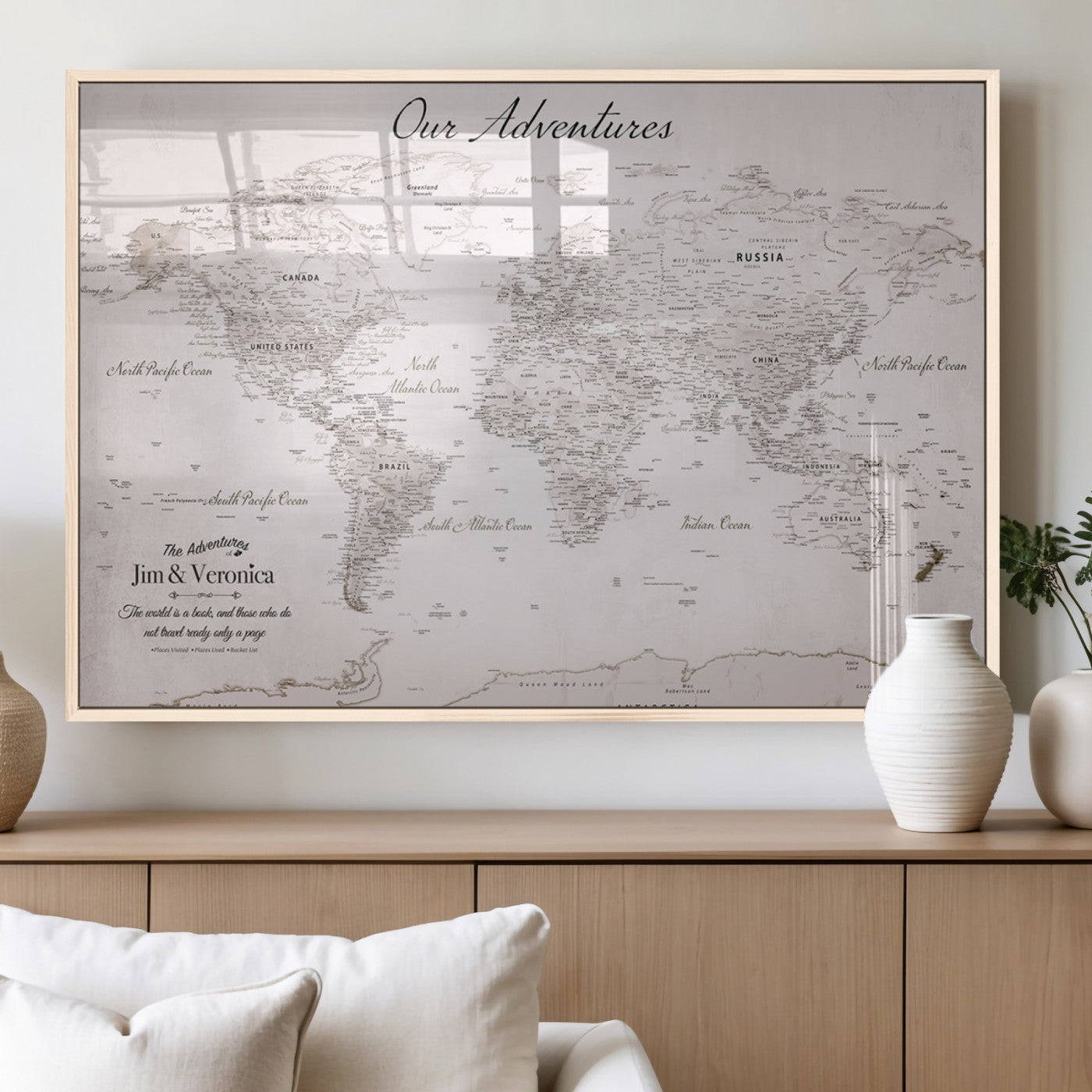 Customize Push Pin World Map Wall Canvas Print – Personalized Travel Map with Foam Pins – Framed Custom Quotie Canvas for Home Office Decor