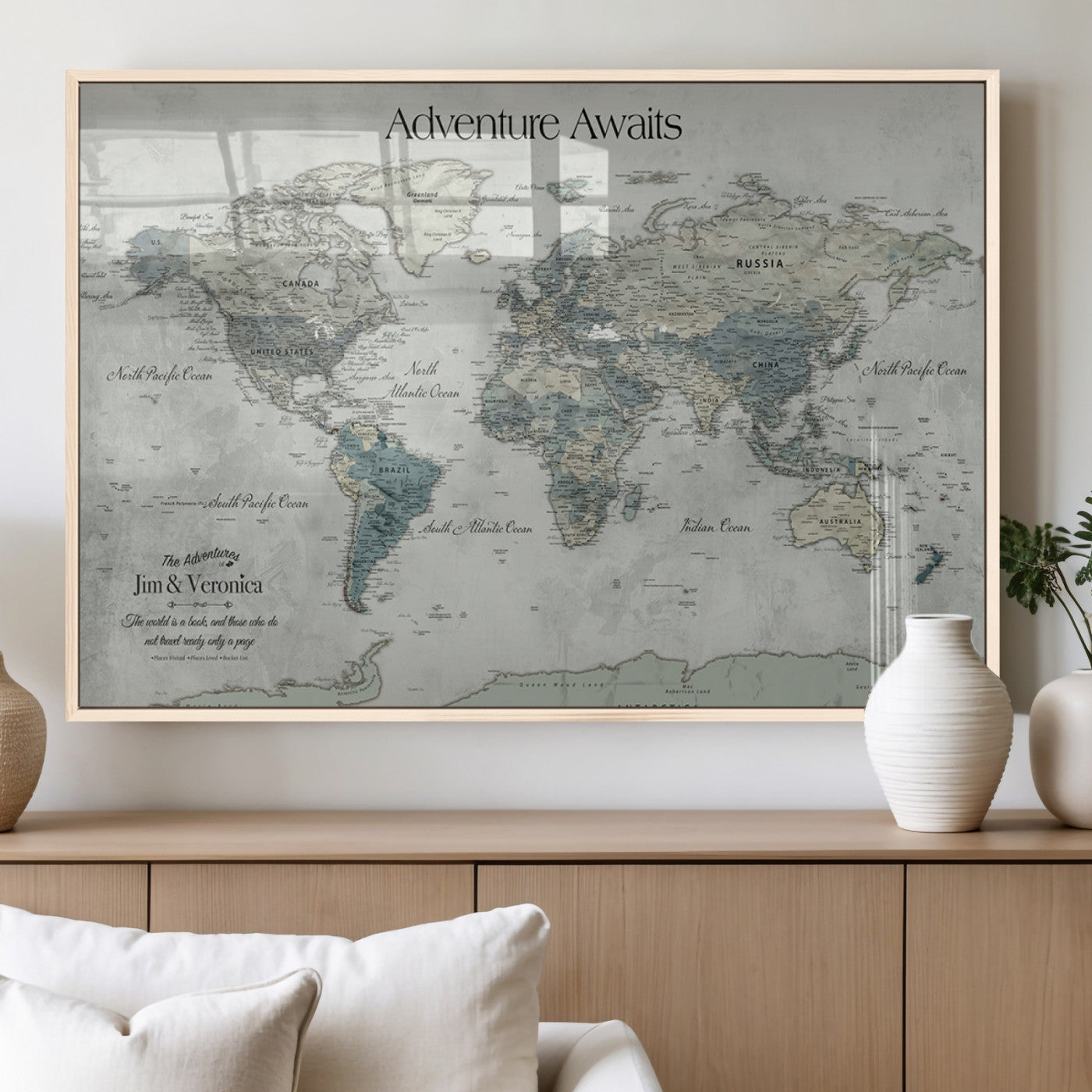 Customize Push Pin World Map Wall Canvas Print – Personalized Travel Tracker with Pins – Framed Custom Quotie Canvas for Home Office Decor