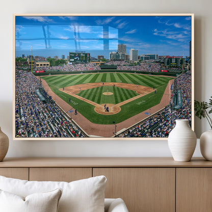Wrigley Field Baseball Stadium Canvas Wall Art, Packed Crowd Sports Stadium Print, City Skyline Baseball Field Canvas for Game Room Decor