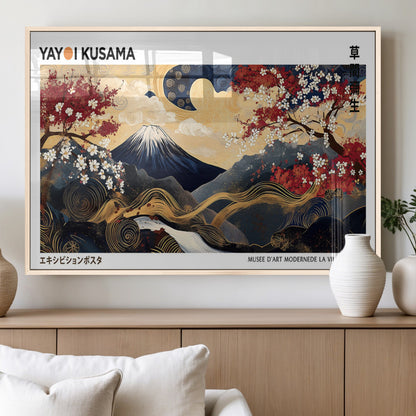 An artwork by Yayoi Kusama featuring Mount Fuji, blooming cherry blossoms, and swirling patterns in a harmonious blend of nature and art.