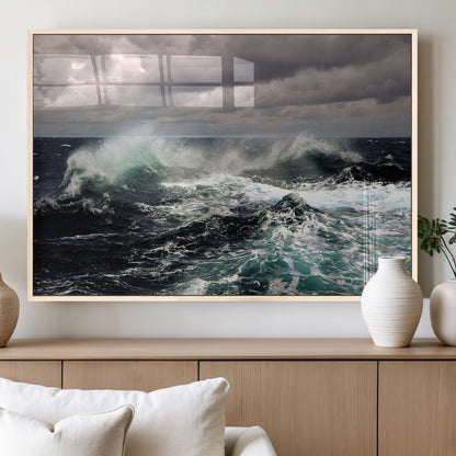 Powerful ocean waves crashing under stormy skies, creating a dynamic and intense seascape.
