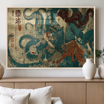 Tsukioka Yoshitoshi Samurai Wall Art Print, Japanese Katana Warrior Canvas Wall Art, Octopus Sea Monster Canvas Print,