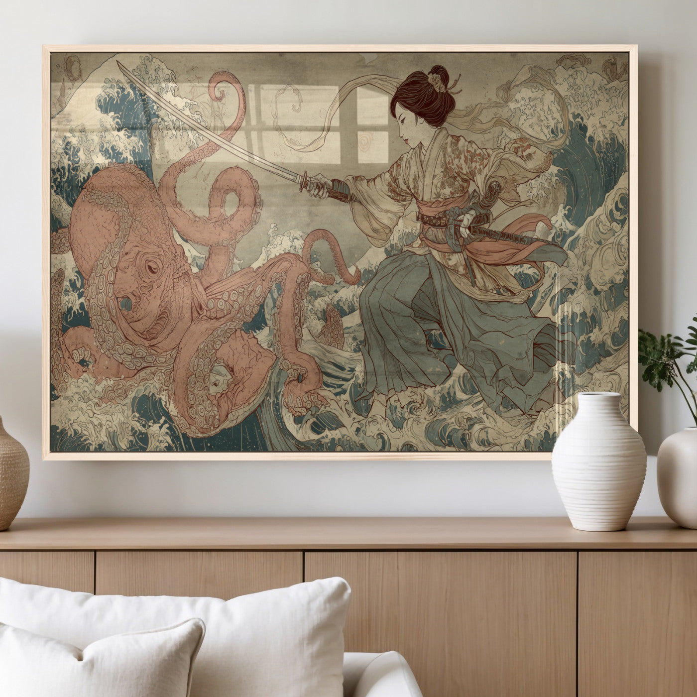Tsukioka Yoshitoshi Samurai Wall Art Print, Japanese Katana Warrior Canvas Wall Art, Octopus Sea Monster Canvas Print,