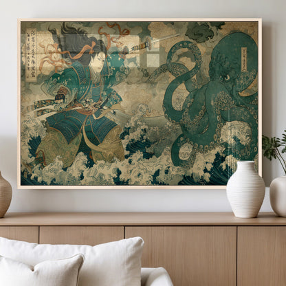 Tsukioka Yoshitoshi Samurai Wall Art Print, Japanese Katana Warrior Canvas Wall Art, Octopus Sea Monster Canvas Print,
