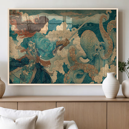 Tsukioka Yoshitoshi Samurai Wall Art Print, Japanese Katana Warrior Canvas Wall Art, Octopus Sea Monster Canvas Print,