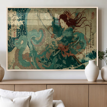 Tsukioka Yoshitoshi Samurai Wall Art Print, Japanese Katana Warrior Canvas Wall Art, Octopus Sea Monster Canvas Print,
