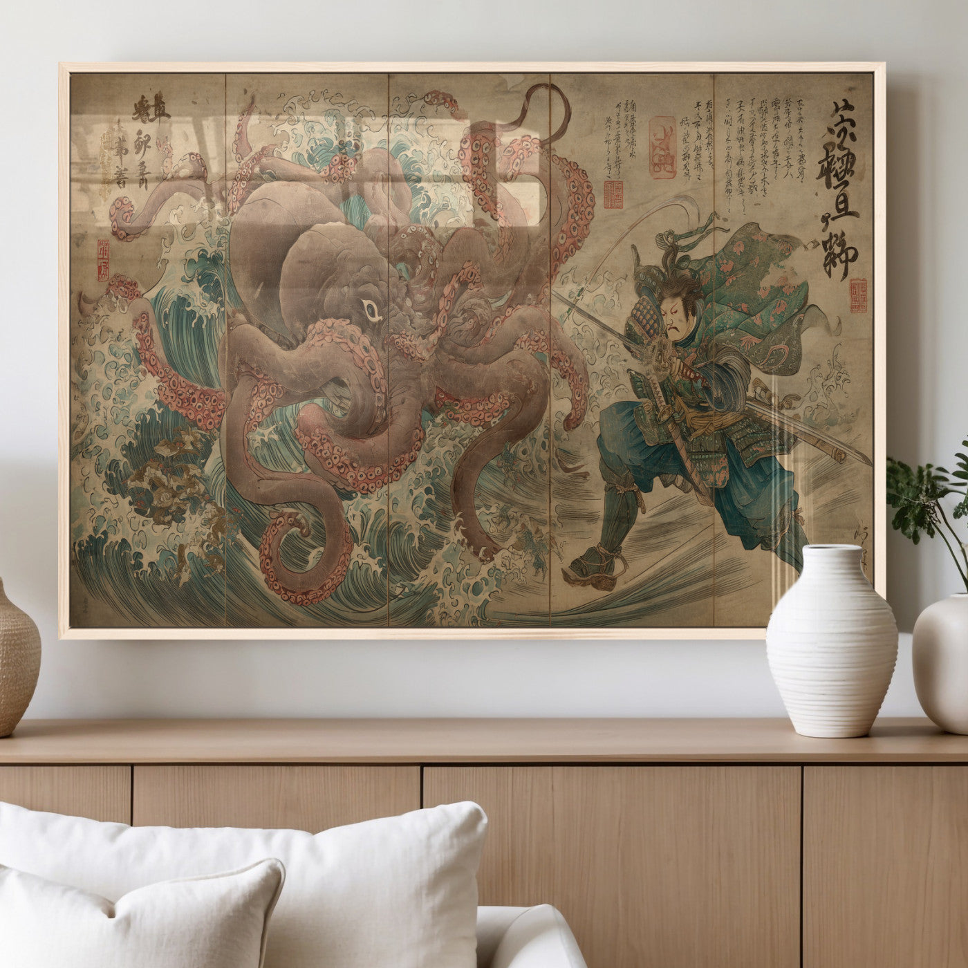 Tsukioka Yoshitoshi Samurai Wall Art Print, Japanese Katana Warrior Canvas Wall Art, Octopus Sea Monster Canvas Print,