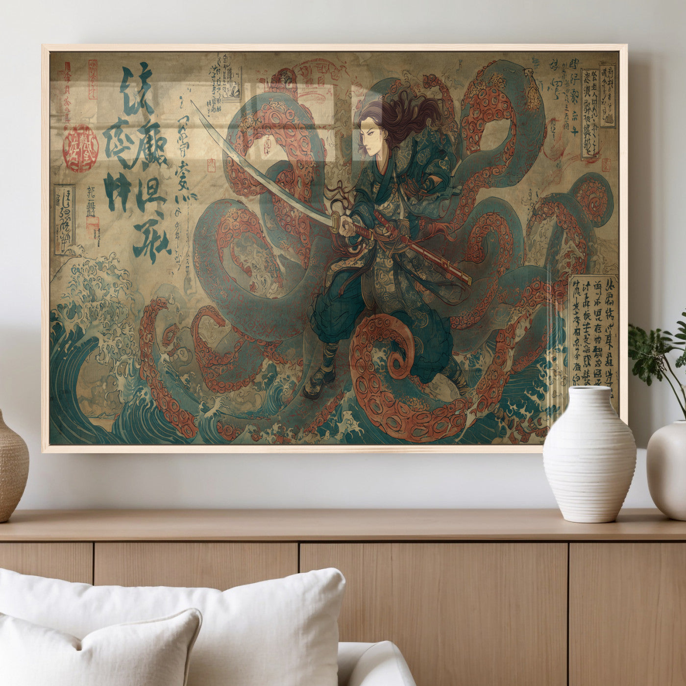 Tsukioka Yoshitoshi Samurai Wall Art Print, Japanese Katana Warrior Canvas Wall Art, Octopus Sea Monster Canvas Print,