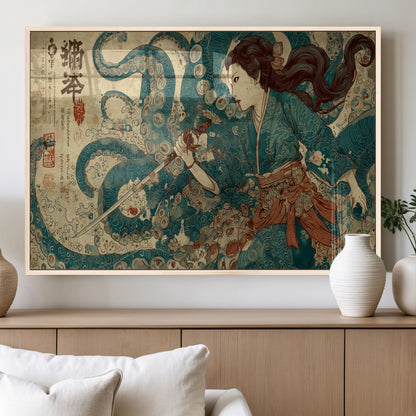 Tsukioka Yoshitoshi Samurai Wall Art Print, Japanese Katana Warrior Canvas Wall Art, Octopus Sea Monster Canvas Print,