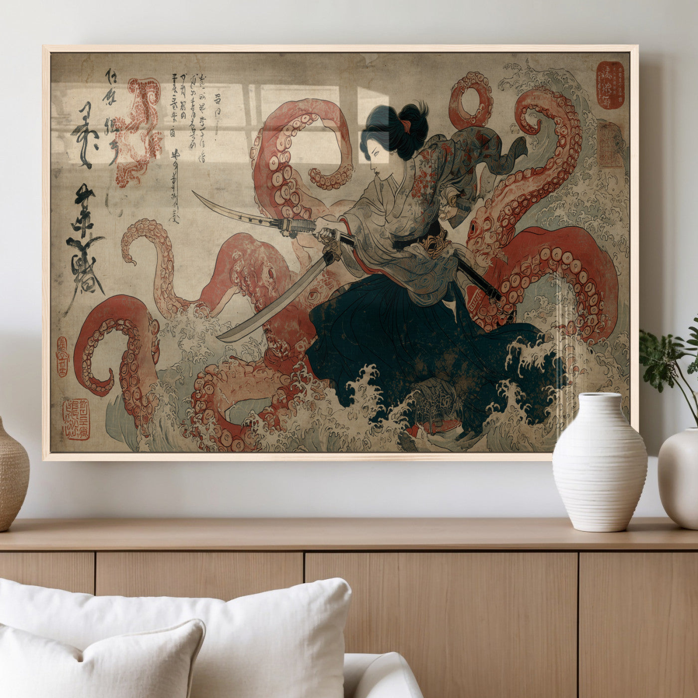 Tsukioka Yoshitoshi Samurai Wall Art Print, Japanese Katana Warrior Canvas Wall Art, Octopus Sea Monster Canvas Print,