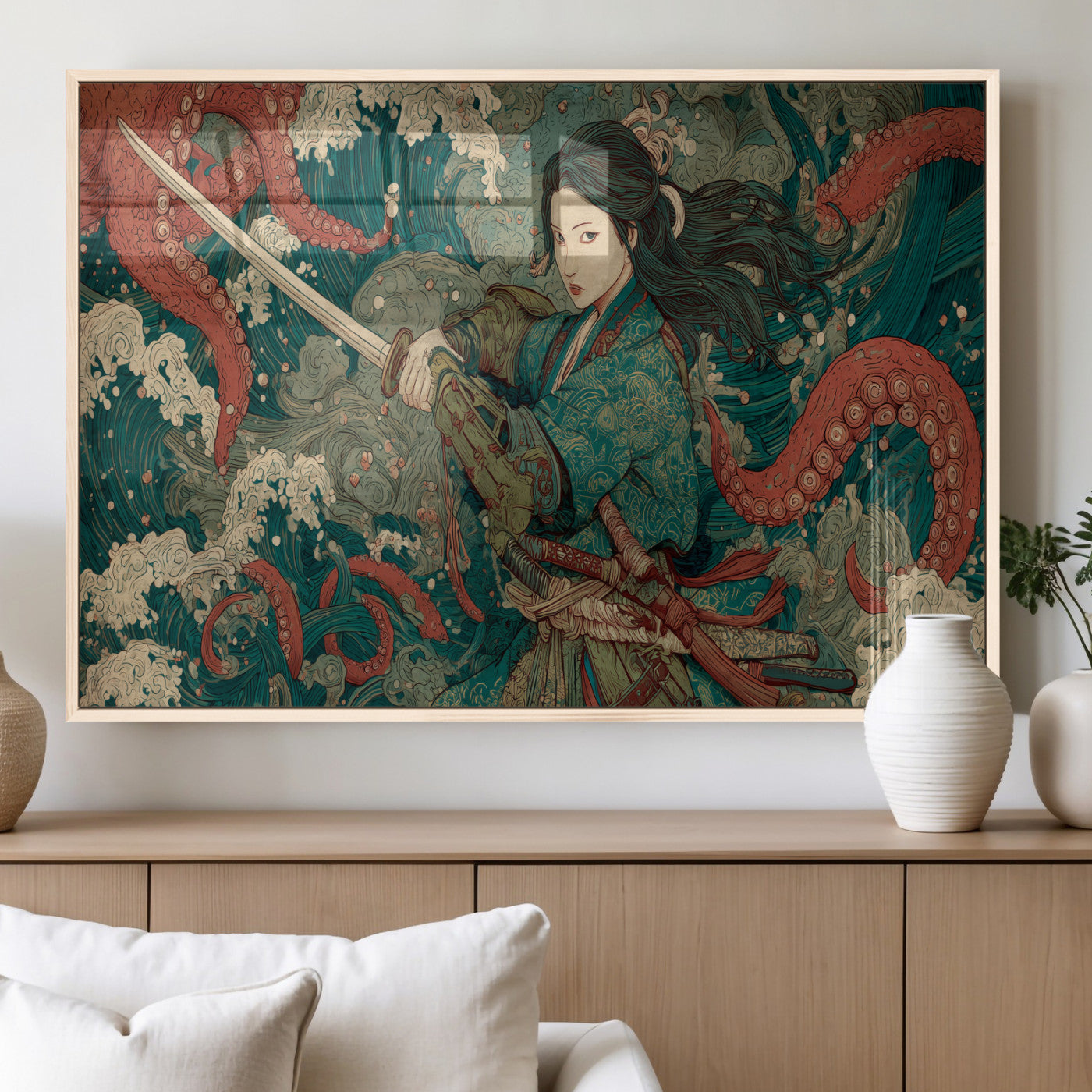 Tsukioka Yoshitoshi Samurai Wall Art Print, Japanese Katana Warrior Canvas Wall Art, Octopus Sea Monster Canvas Print,