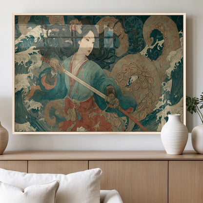 Tsukioka Yoshitoshi Samurai Wall Art Print, Japanese Katana Warrior Canvas Wall Art, Octopus Sea Monster Canvas Print,