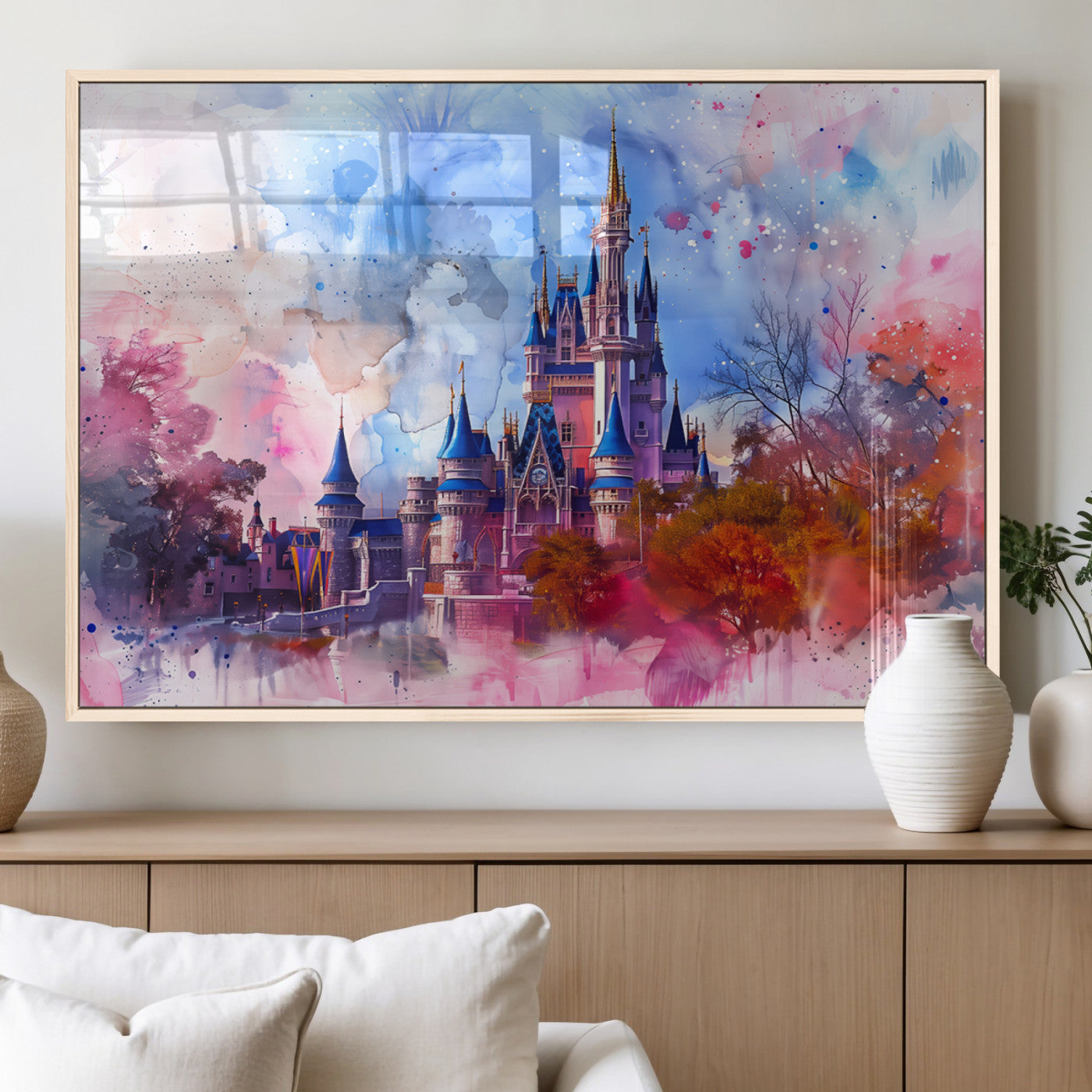 Watercolor canvas of a dreamy Disney-style castle in pastel pink and blue tones, perfect for fairytale or whimsical home decor.