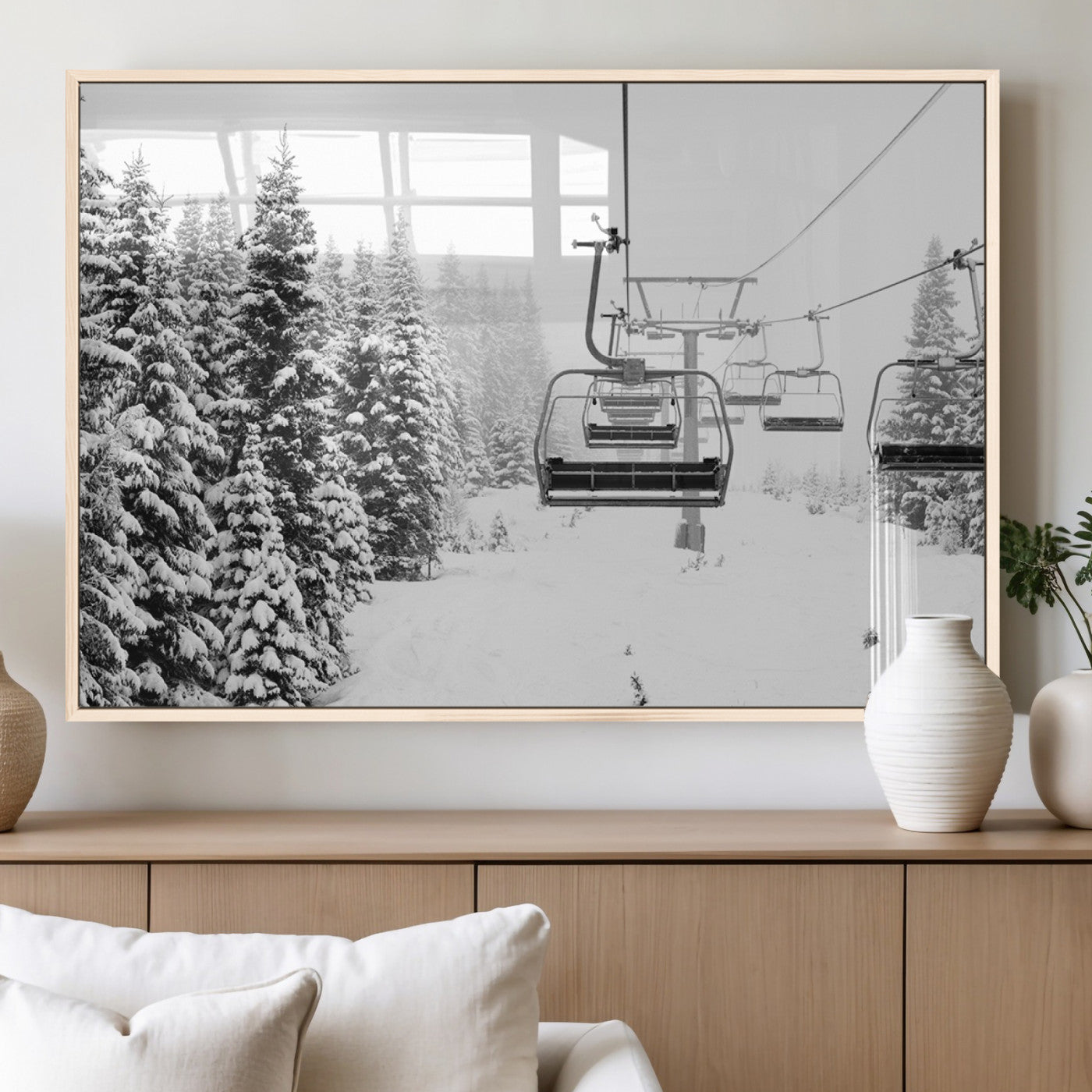 Black and white canvas of empty ski lifts over a snowy pine forest, perfect for minimal winter or ski lodge-inspired decor.