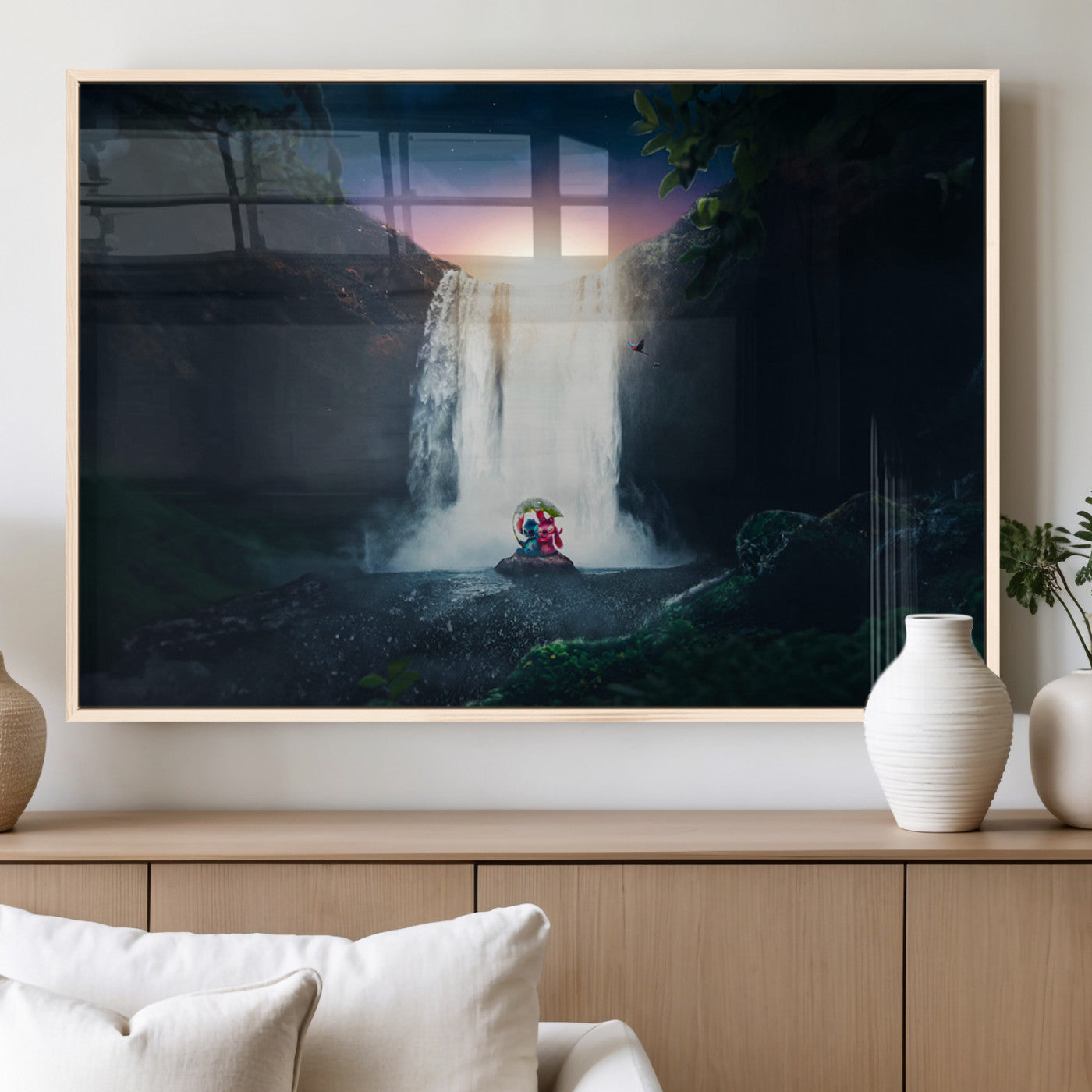 Romantic scene of Stitch and Angel sitting under a leaf in front of a glowing waterfall, ideal for tropical or fantasy-themed decor.