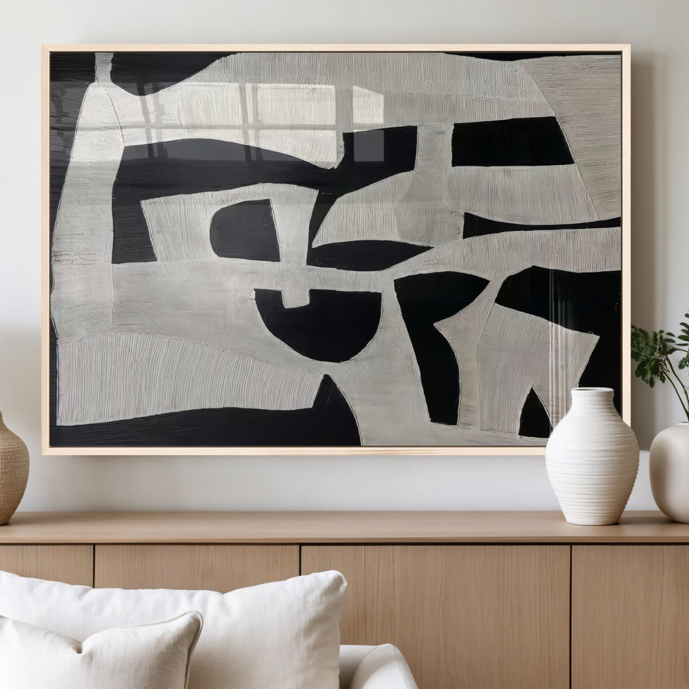 Minimalist black and white canvas featuring bold abstract textures and geometric shapes, ideal for modern neutral decor.