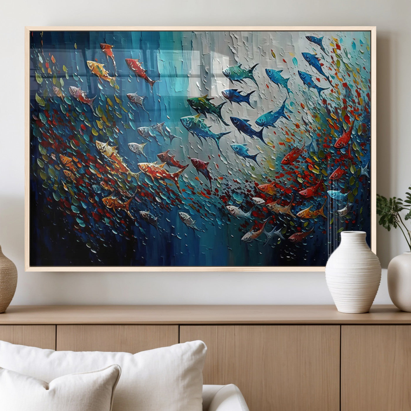 Colorful painting of fish swimming in abstract ocean swirls, perfect for vibrant marine-themed or expressive coastal home decor.