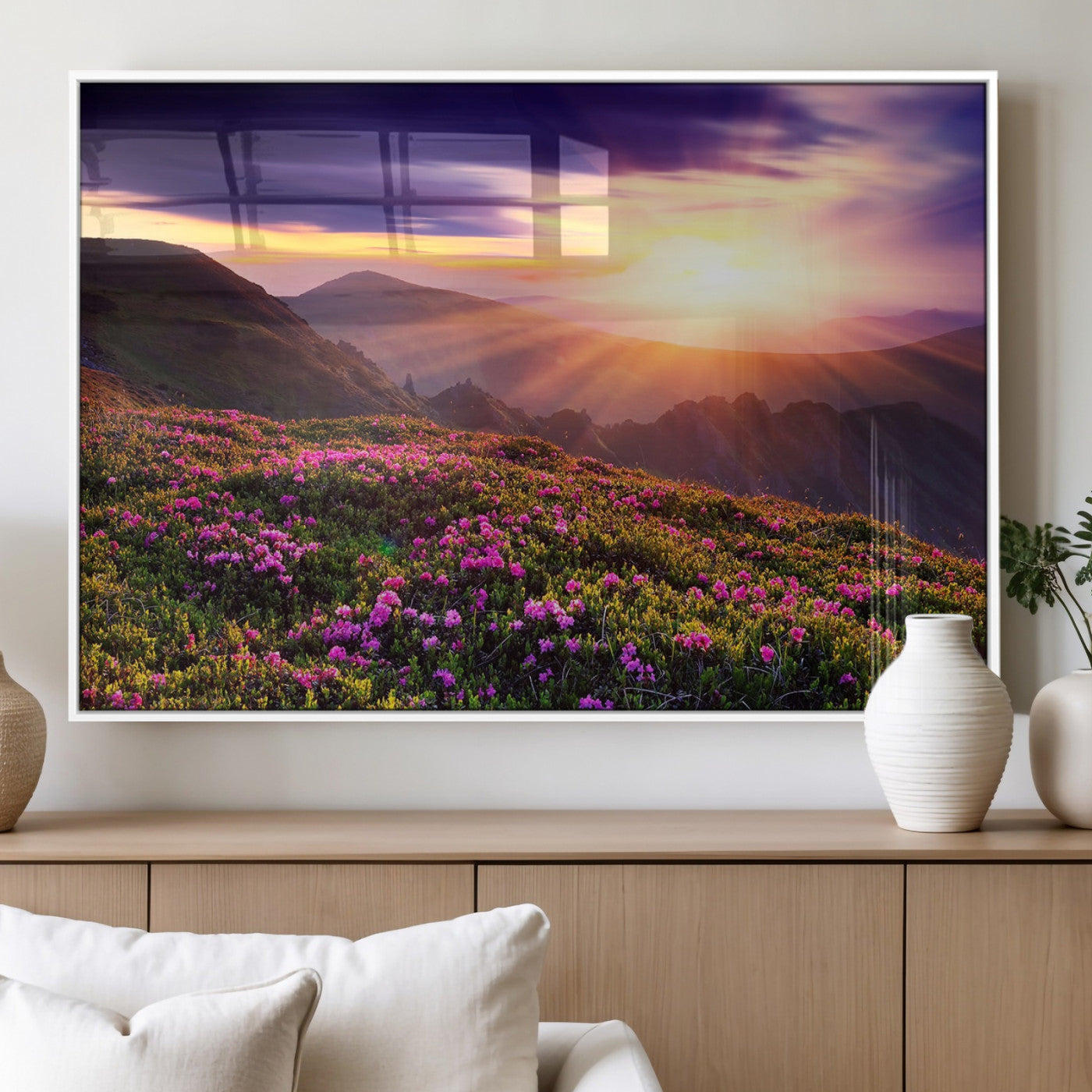 49741-MGV-FP-60X30-3P_White-Mountain Sunrise Wall Art – Vibrant Floral Landscape Canvas Print, Nature Home Decor for Living Room, Bedroom Office or Cabin