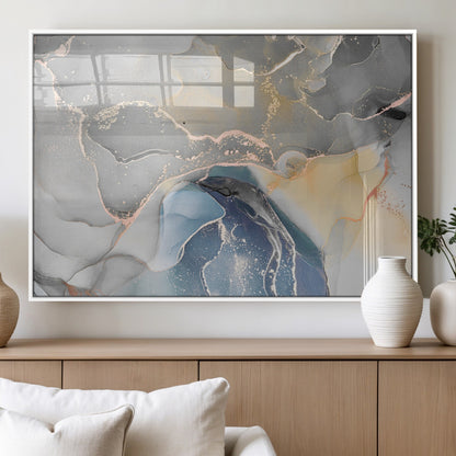63211-MGV-FP-60X30-3P_White-Abstract Fluid Art Wall Decor – Blue, Gray & Gold Canvas Print, Modern Home and Office Wall Art Decor for Living Room, Bedroom or Workspace