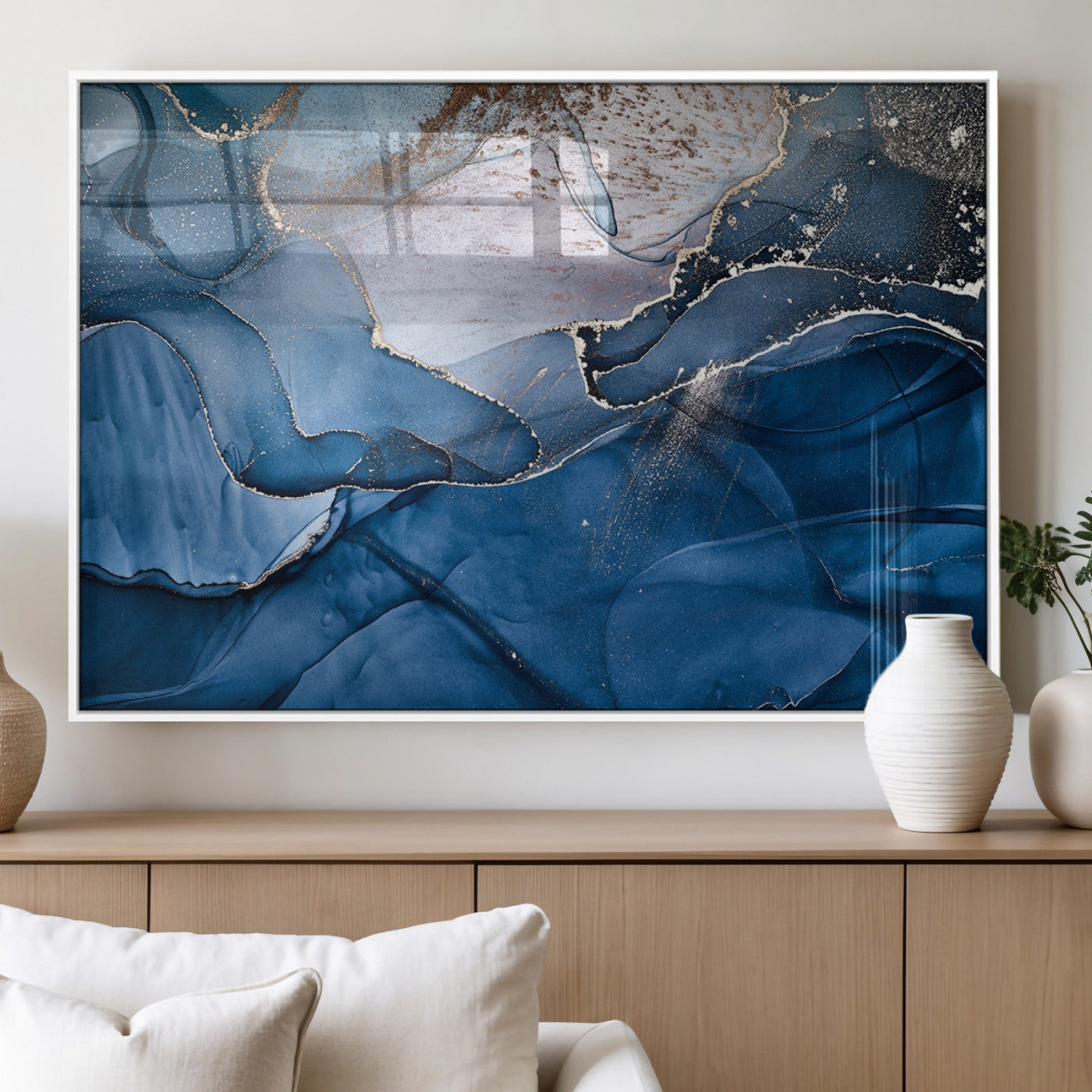 27810-MGV-FP-60X30-3P_White-Abstract Blue Gold Fluid Art Wall Decor – Modern Canvas Print, Elegant Home & Office Wall Art, Stylish Living Room or Bedroom Decoration