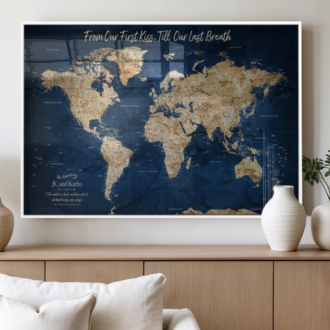 56122A-MGV-FC-36X24_White-Push Pin World Map Canvas Print – Framed Wall Art for Couples to Track Their Travels – Anniversary Gift or Home Adventure Decor - H2-Orj