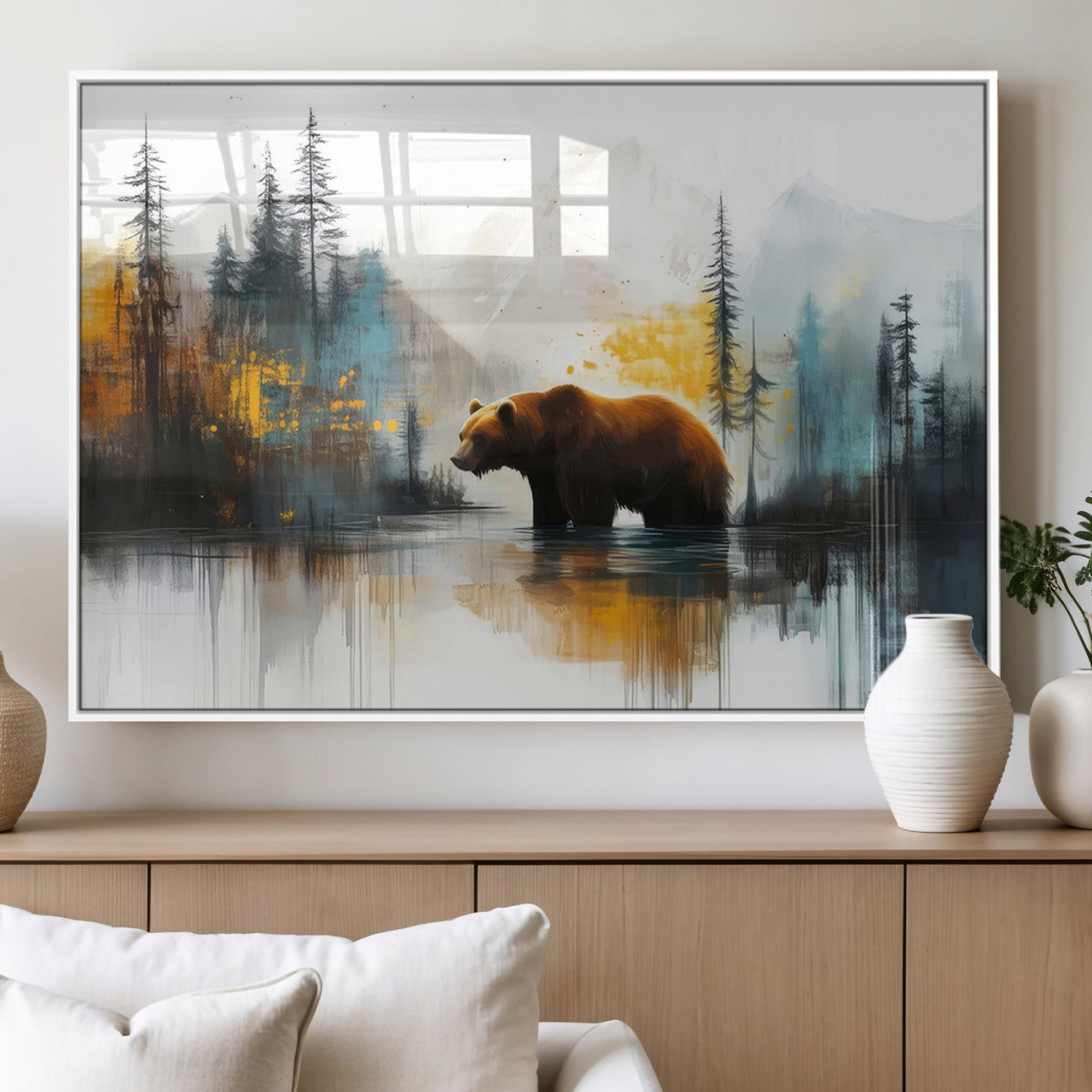 A majestic bear stands by the serene waters of a misty forest, surrounded by towering trees and distant mountains, evoking the raw beauty and wild spirit of nature.