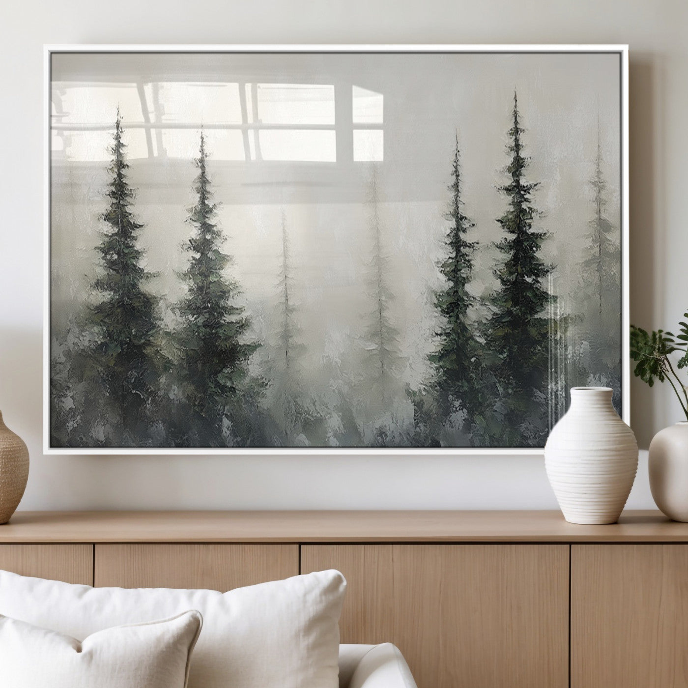Soft and misty pine forest painting in neutral earthy tones, ideal for calm woodland or minimalist rustic home decor.