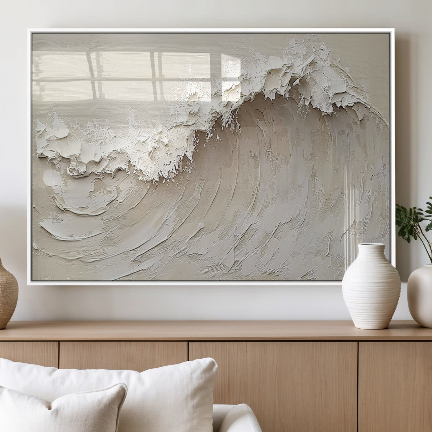 Textured canvas of an abstract white ocean wave in neutral tones, ideal for modern coastal or minimalist home decor.