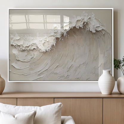 Textured canvas of an abstract white ocean wave in neutral tones, ideal for modern coastal or minimalist home decor.