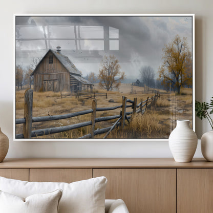 A tranquil rural scene featuring a rustic barn, overcast skies, and golden fields with scattered trees, evoking a sense of peaceful solitude in nature.